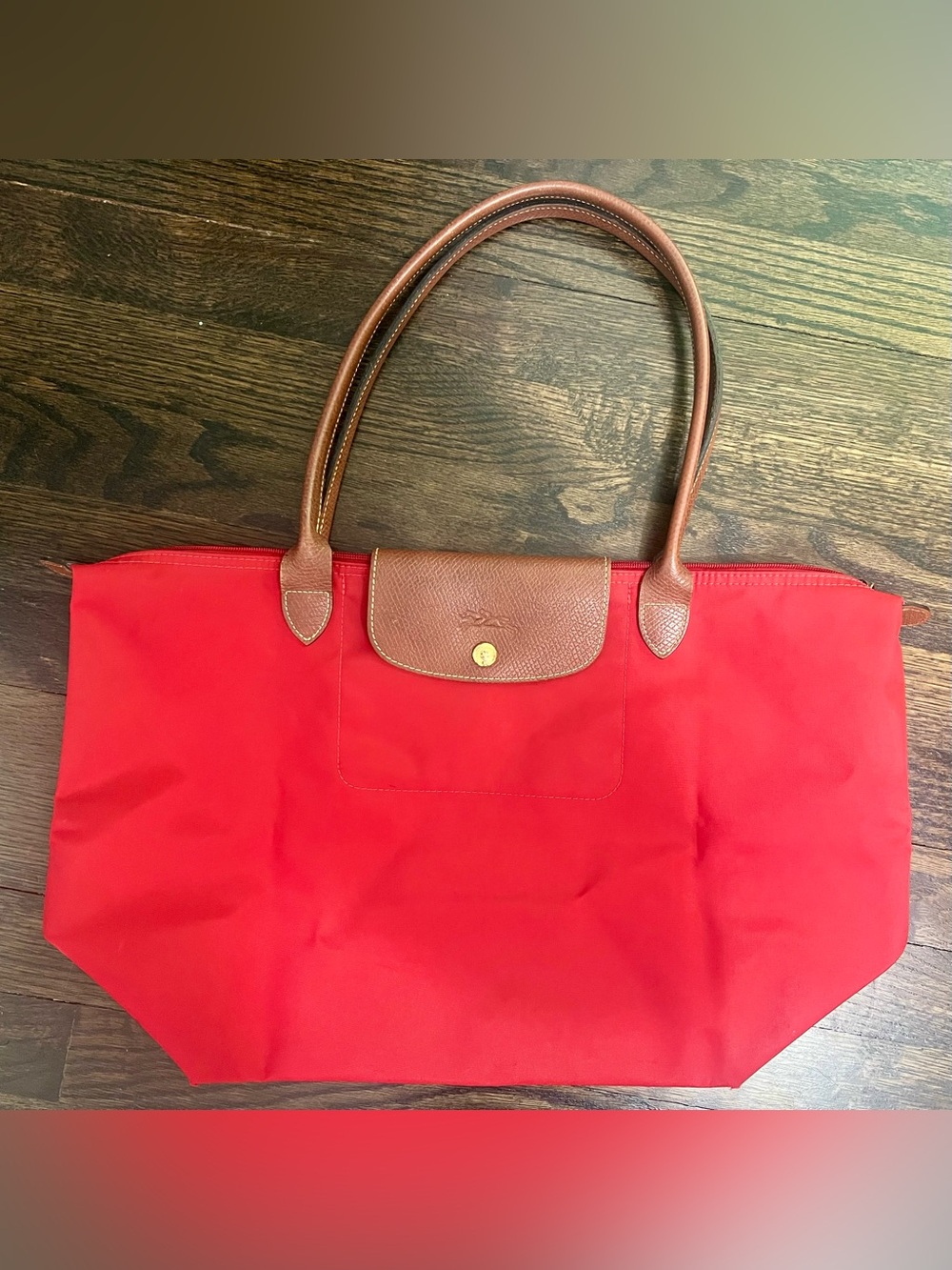 Longchamp Le Pliage Large Red Nylon Tote Bag Brown Leather Handles - Picture 1 of 8